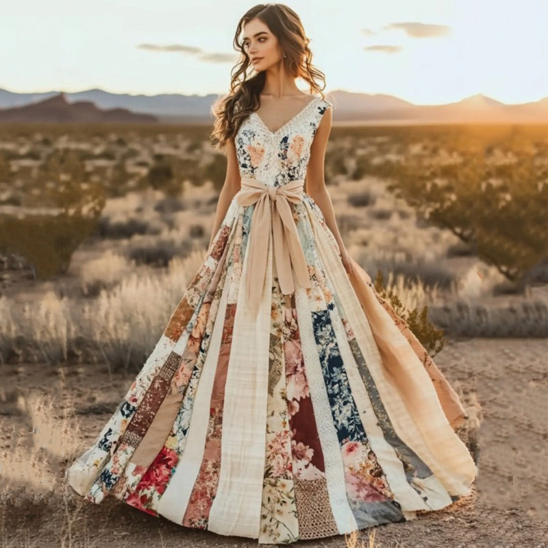 Women's Vintage Floral Patchwork Art V Neck Maxi Dress elevenforest
