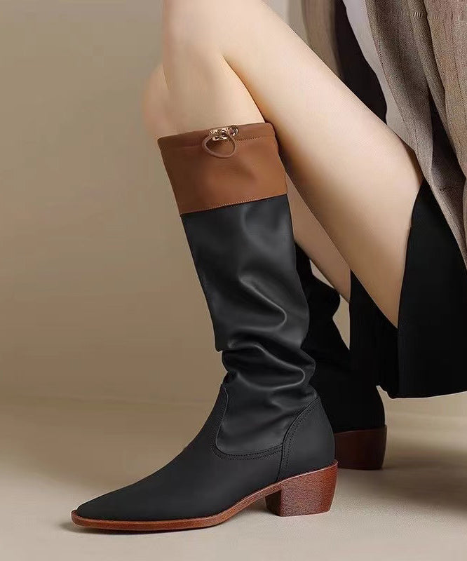Black Faux Leather Splicing Chunky Knee Boots