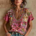 Women's Bohemian Floral Embroidery Art V-neck Linen Blend T-shirt elevenforest