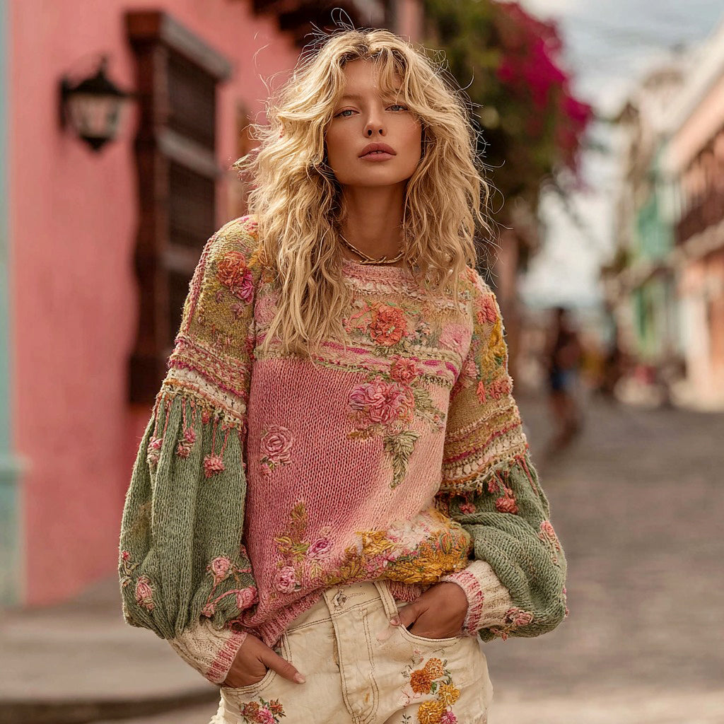 Comstylish Women's Vintage Bohemian Floral Embroidery Knitted Crew Neck Sweater