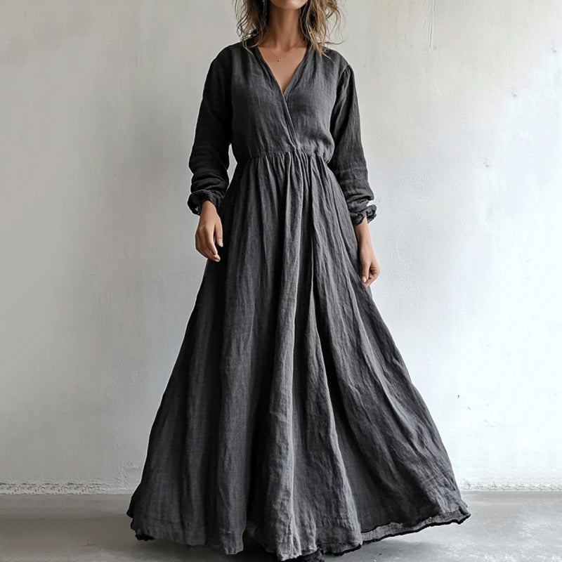 Vintage V Neck Cotton Linen Maxi Dress elevenforest
