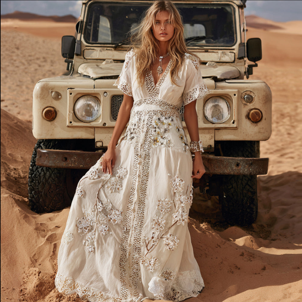 Bohemian-style Western Art Three-dimensional White Embroidered Bead Embroidery V-neck Short-sleeved Long Dress elevenforest