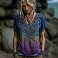 Vintage Viking Celtic Knot Gradient Art Women's Linen V Neck T-shirt elevenforest