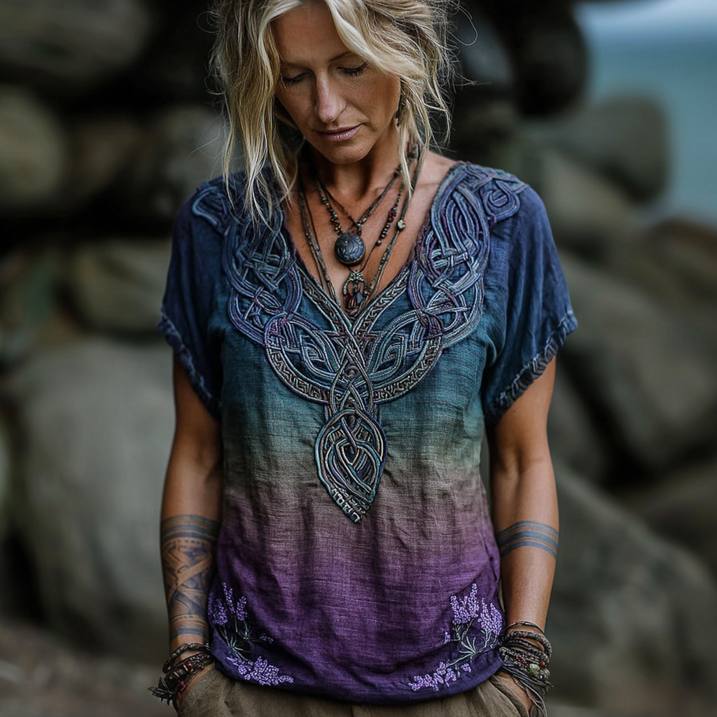Vintage Viking Celtic Knot Gradient Art Women's Linen V Neck T-shirt elevenforest