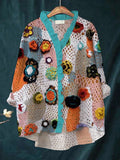 Colorful Floral Art Women's Knit Hollow Out Ruffle Shirt elevenforest