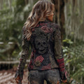 Vintage Rose Rhinestone Skull Gothic Rugged Color-contrast Denim Jacket elevenforest