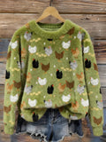 Comstylish Vintage Hens And Chicks Pattern Cozy Plush Sweater