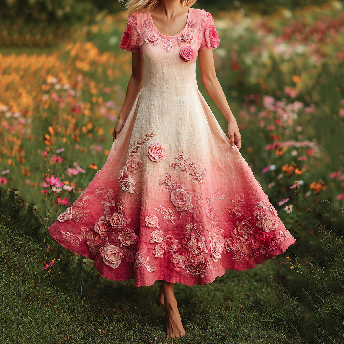 Pink Floral Embroidered Gradient Linen Maxi Dress elevenforest