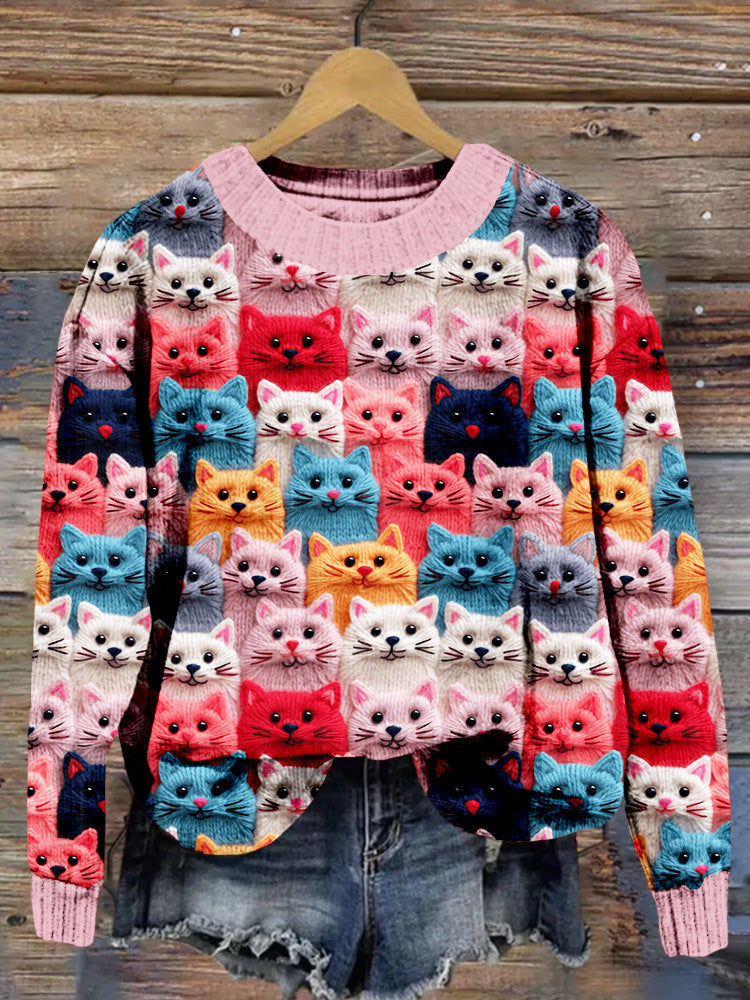 Colorful Cute Cats Embroidered Cozy Sweater elevenforest