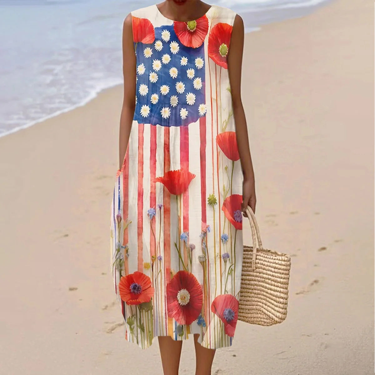 Vintage Independence Day Floral Art Linen Casual Tank Dress elevenforest