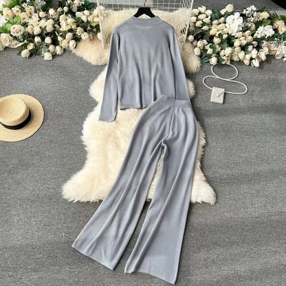 Knitted Cardigan Top Spring Autumn High End Sweater Jacket High Waist Slimming Wide Leg Pants Suit