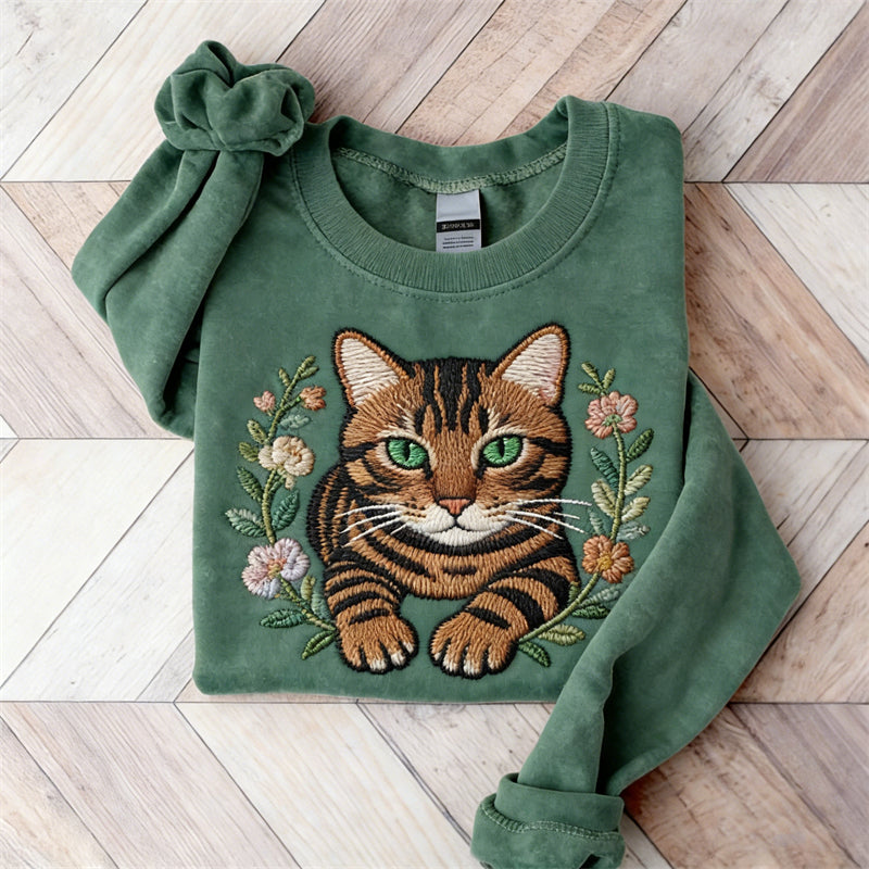 Comstylish Lovely Tabby Cat Floral Art Washed Cozy Sweatshirt