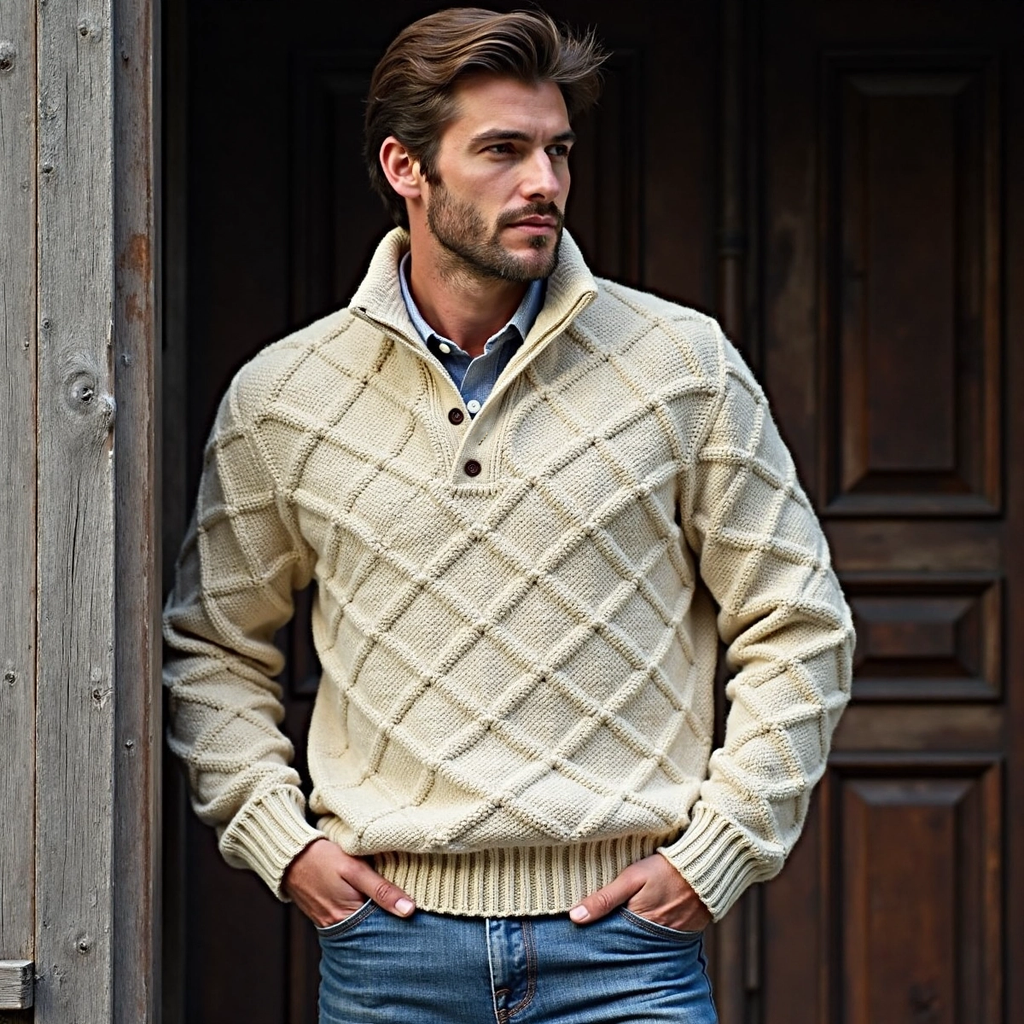 Men's Plaid Jacquard Button Stand Collar Sweater elevenforest