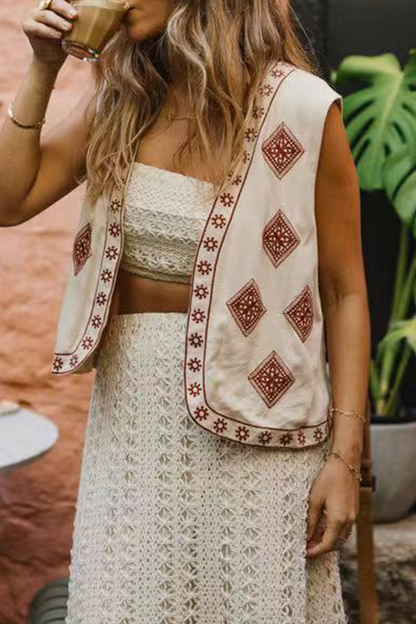 Colorblock Patchwork Embroidery Cardigan Collar Tops