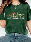 Comstylish Keep Nature Wild Mushroom Embroidered Washed T Shirt
