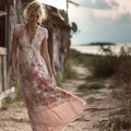 Vintage Pink Boho Floral Embroidered Flowy Linen Maxi Dress elevenforest