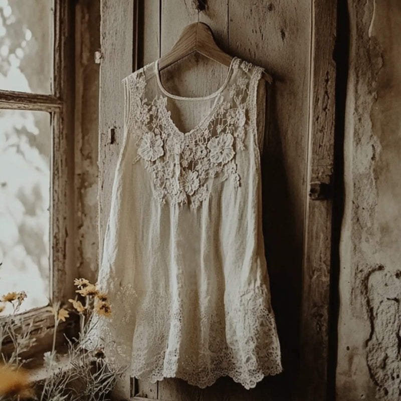 Vintage Lace Embroidery Art Linen Sleeveless Top elevenforest