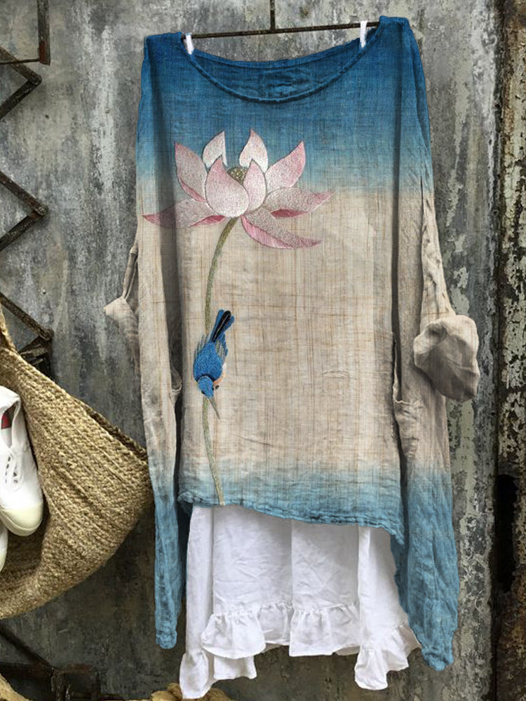 Lotus & Bird Embroidery Gradient Japanese Linen Blend Tunic elevenforest