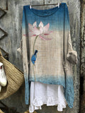 Comstylish Lotus & Bird Embroidery Gradient Japanese Linen Blend Tunic