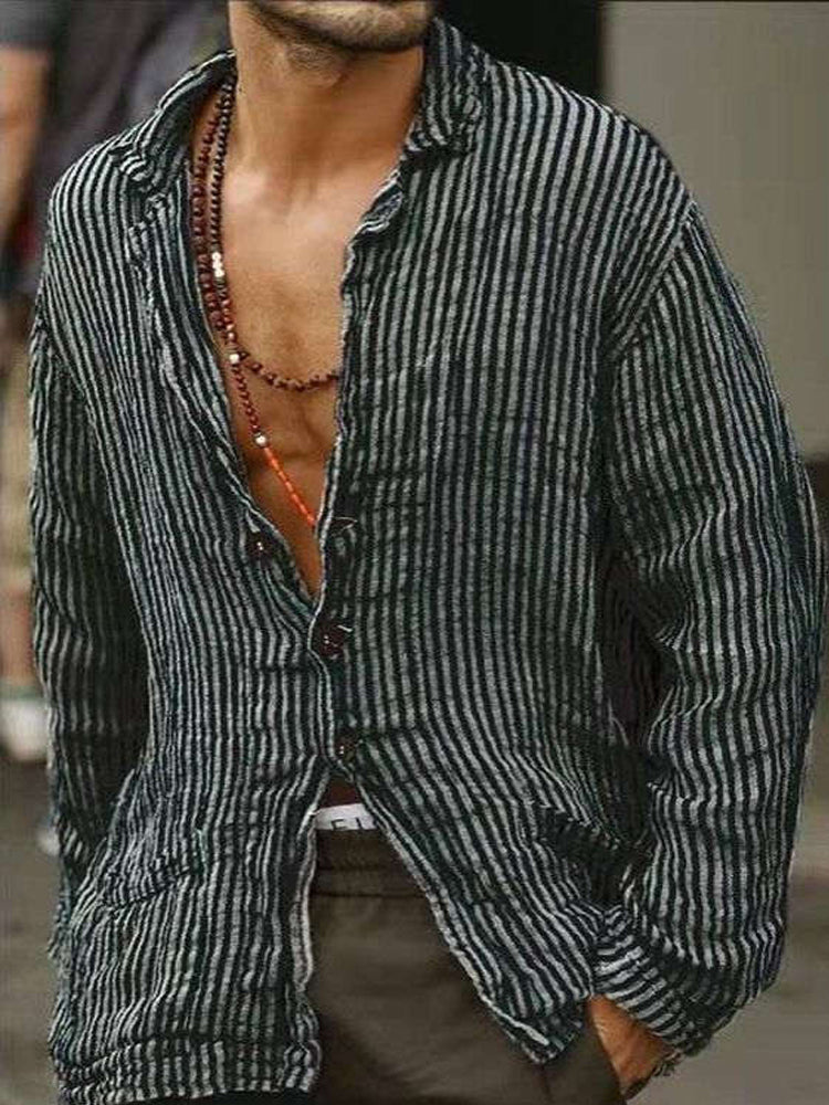 Men's Striped Long Sleeve Linen Casual Shirt elevenforest