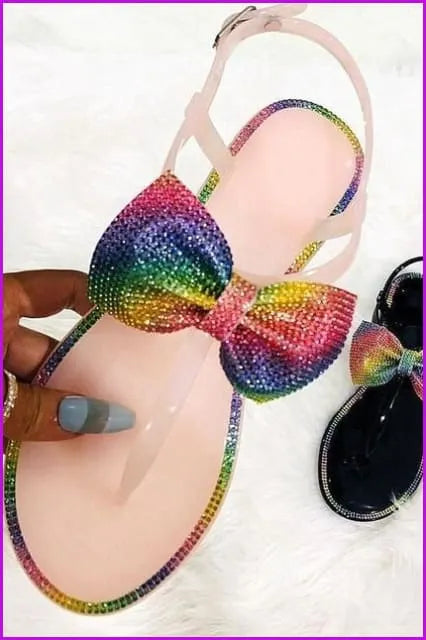 Bling Rainbow Crystal Bow Slippers Jelly Sandals Flat Slides De241