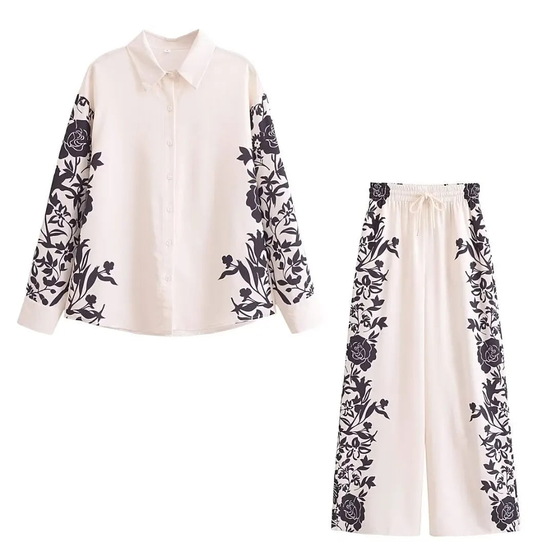 ’s Side Print Suit Shirt Pants Loose Suit for Spring Autumn