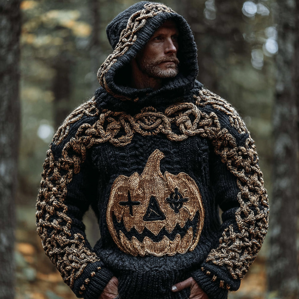 Men's Viking-style Evil Pumpkin Embroidery Hooded Sweater artswardrobe