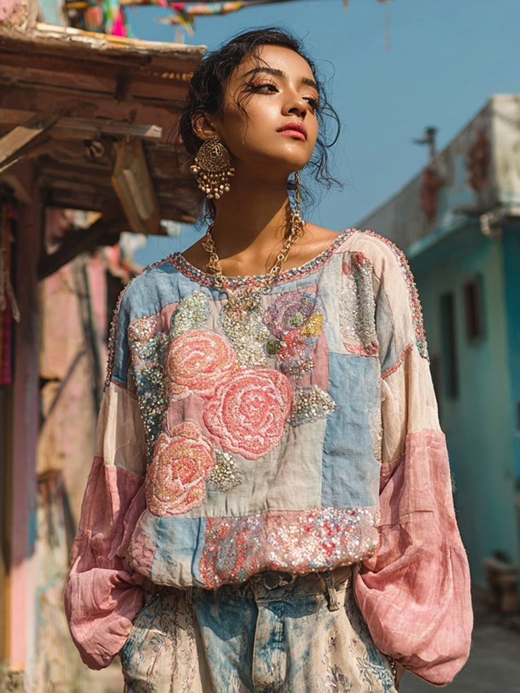 Boho Vintage Sequin Floral Embroidery Gradient Women's Linen Top elevenforest