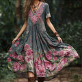 Bohemian Style Three-dimensional Embroidered Rose Diamond Embellished Color-block Dreamy Pink-green Vintage V-neck Slim Short-sleeved A-line Long Dress elevenforest