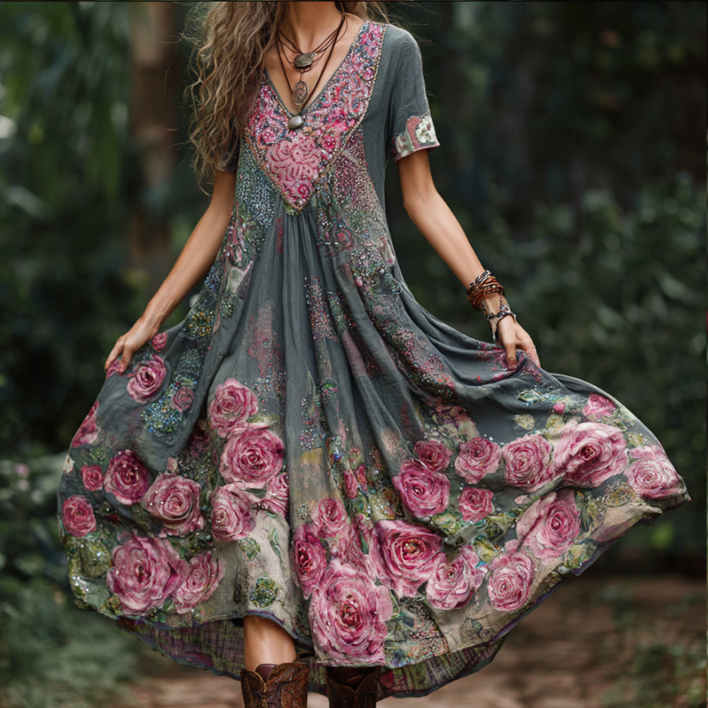 Bohemian Style Three-dimensional Embroidered Rose Diamond Embellished Color-block Dreamy Pink-green Vintage V-neck Slim Short-sleeved A-line Long Dress elevenforest