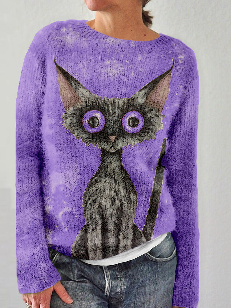 Lovely Black Cat Graphic Vintage Cozy Sweater elevenforest