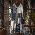 Japanese Art Retro Style Geometric Patchwork Design Lace Patch Women's Cotton And Linen Dress elevenforest