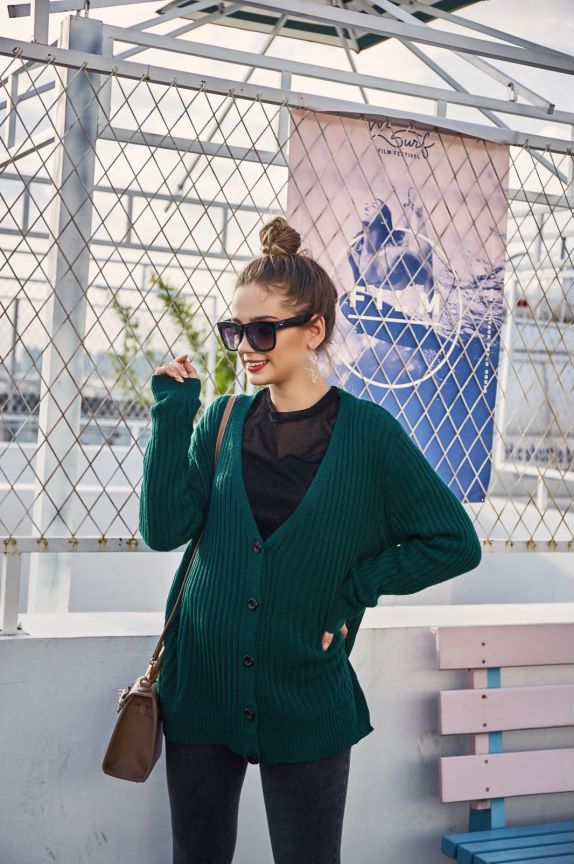 Autumn Winter V Neck Long Sleeve Green Show Noble Color Sweater Cardigan Coat