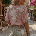 Vintage Rose Floral Casual Linen Crew Neck T-shirt elevenforest