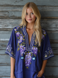 Women's  Lavender Butterfly Embroidery Linen V-neck Shirt elevenforest