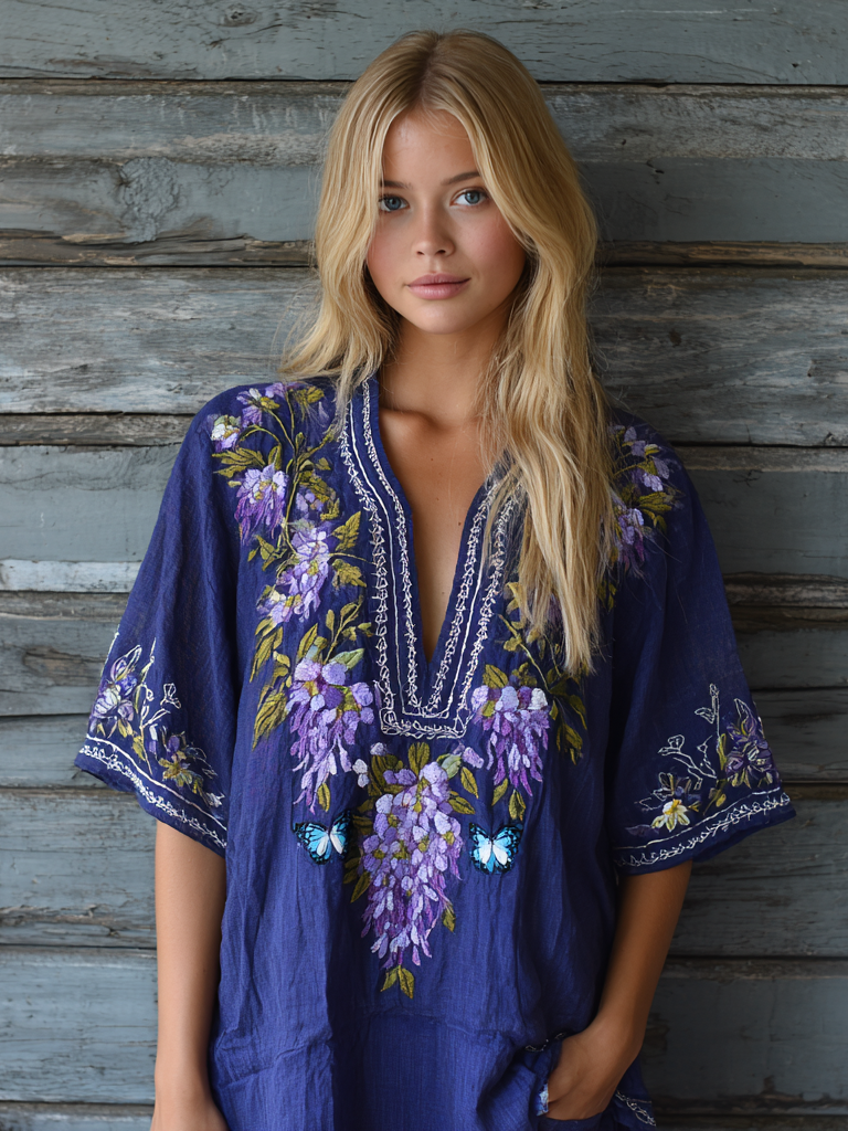 Women's  Lavender Butterfly Embroidery Linen V-neck Shirt elevenforest