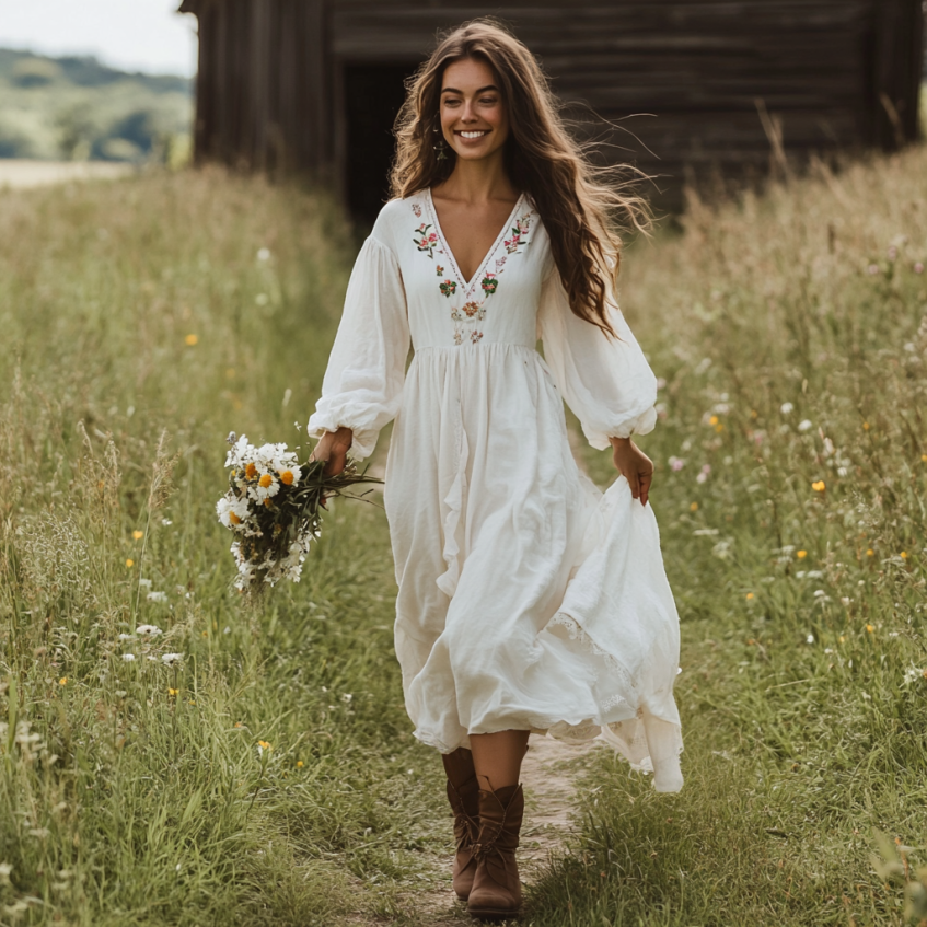 Spring Girl Green Pastoral Style Floral Embroidery Pattern Art Linen V-neck Maxi Dress elevenforest