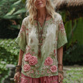 Love & Health Collection Rose And Floral Patchwork Art Linen T-shirt elevenforest
