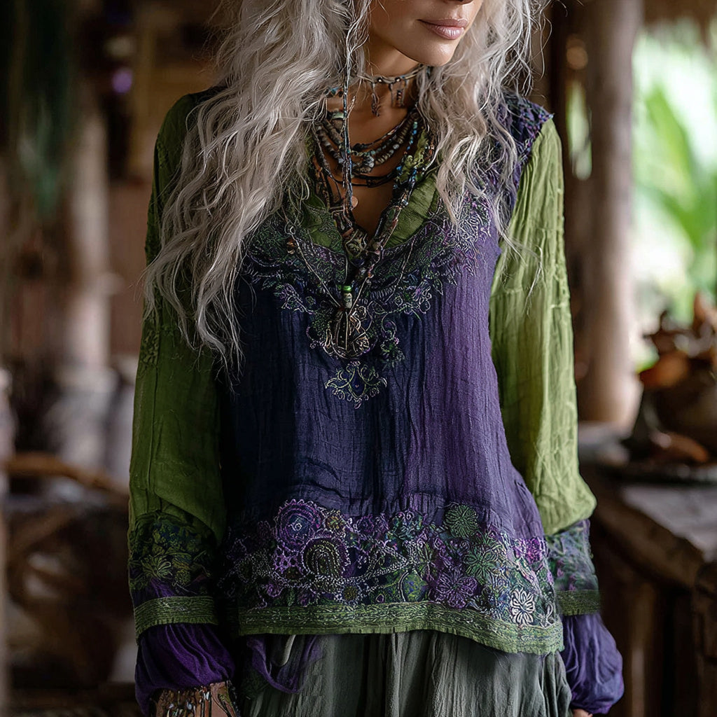 Women's Vintage Vacation Boho Tribal Ethnic Print V-neck Linen Blend Tops elevenforest