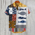 Men's Vintage Colorblock Fish Pattern Casual Short Sleeve Shirts elevenforest