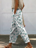 Green Spring Floral And Vine Pattern Printed Women's 100%Cotton Casual Pants