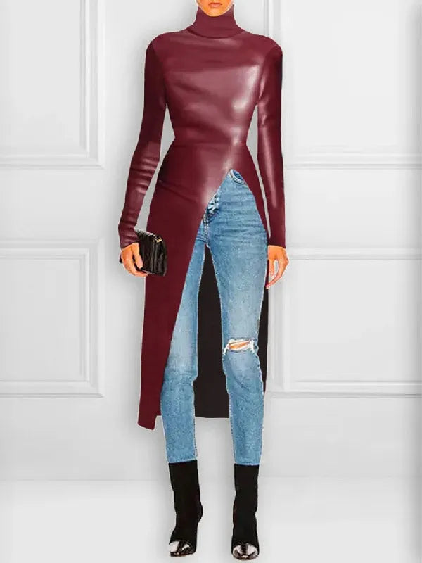 Long Sleeves Skinny Color Split-front High-neck T-shirts Tops