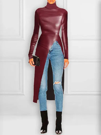 Long Sleeves Skinny Color Split-front High-neck T-shirts Tops