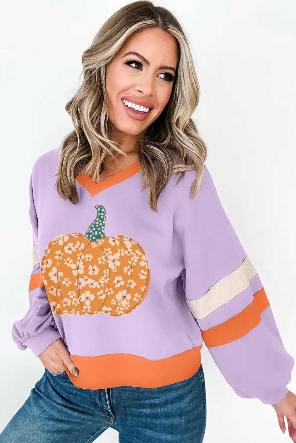 Halloween Pumpkin Color Block V Neck Sweatshirt