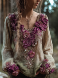 Bohemian Style Round Neck Long Sleeve 3d Purple Flower Design Cotton And Linen Top For Women elevenforest