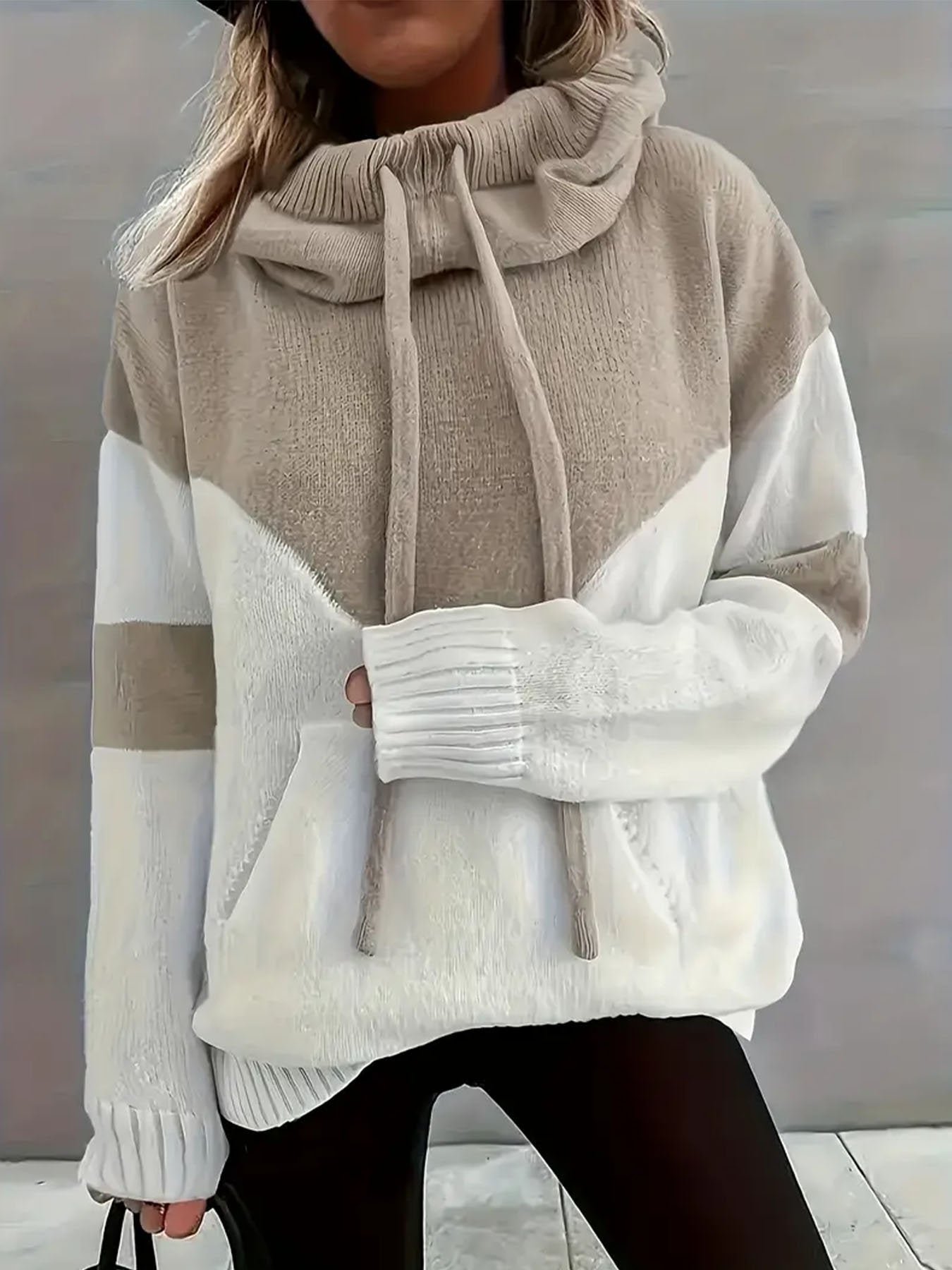 Women's Casual Hooded Long Sleeve Contrast Color Sweater 