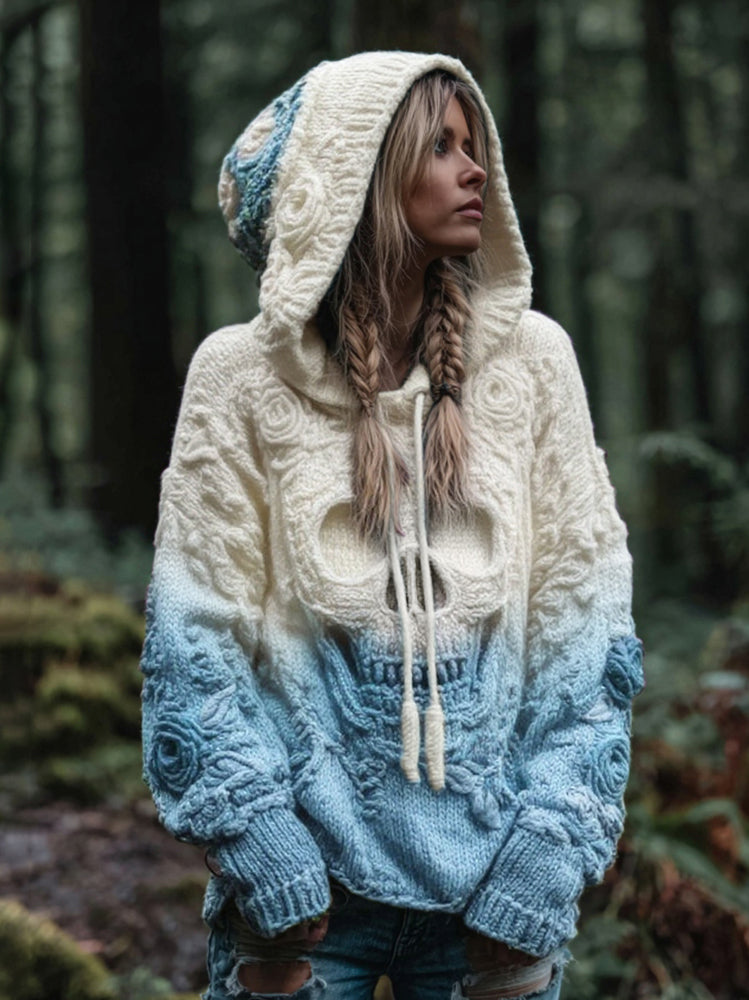Women's Vintage Viking Skull And Rose Gradient Art Knit Hooded Sweater elevenforest