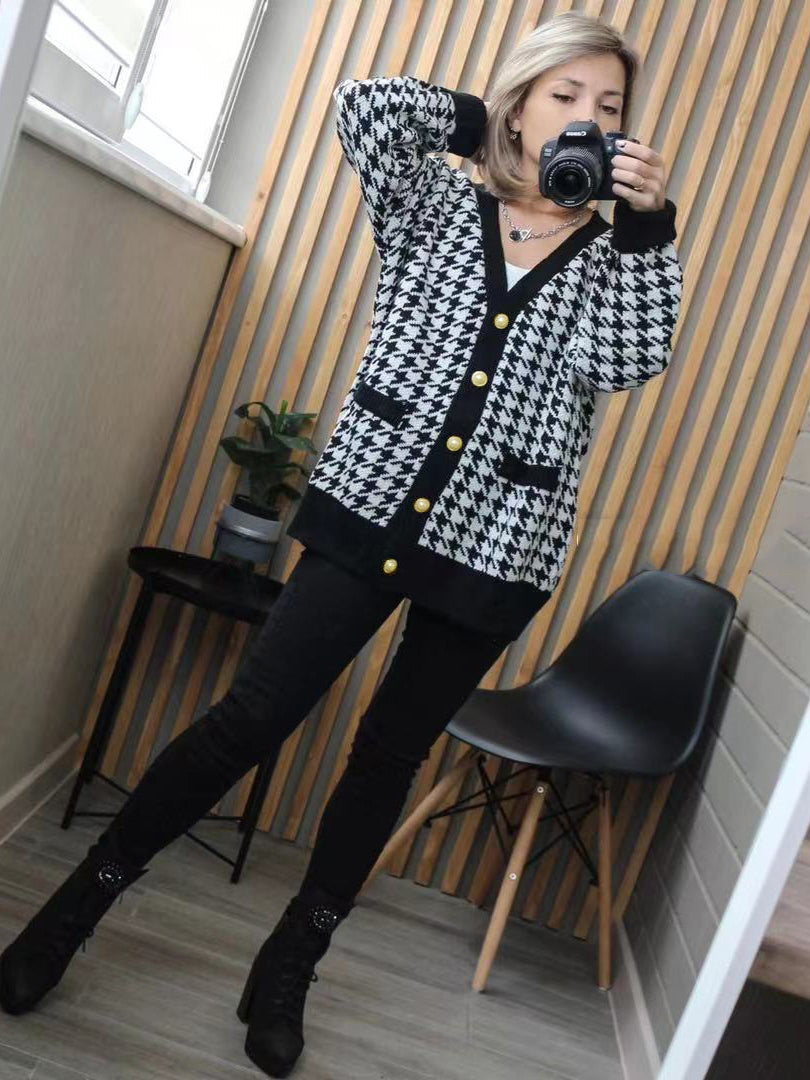 Urban Long Sleeves Checkered V-neck Cardigan Tops