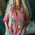 Retro Bohemian Style Linen Floral Art Print Long Sleeve Loose  Shirt elevenforest