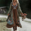 Retro Boho Linen Ethnic Art Loose Maxi Dress elevenforest
